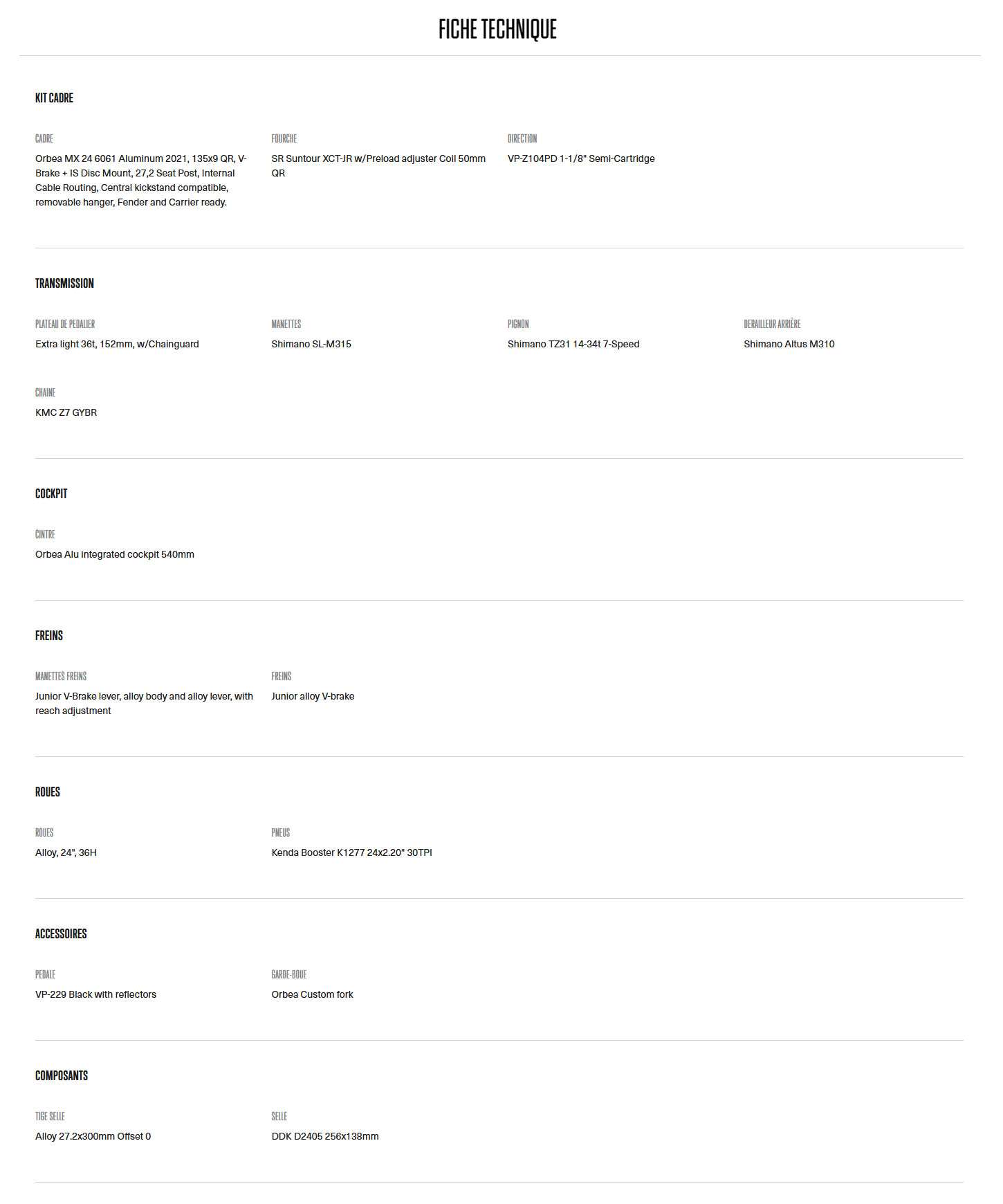 Caractéristique technique du vélo MX 24 XC année 2026